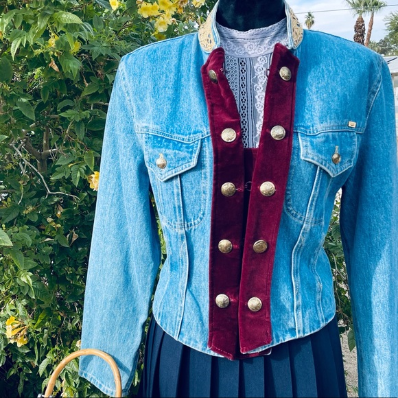 Caché vintage 80s double breasted coin button jean jacket with velvet placket - Picture 5 of 16